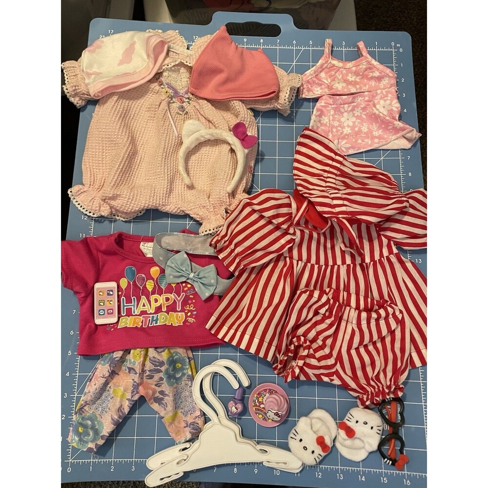 Baby Doll 4 Outfits Clothing Hello Kitty Attire 3 Hangers 22 Items in Diaper Bag
